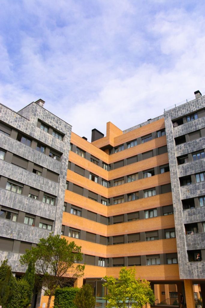 Contemporary residential building facade captured in Oviedo, Spain, showcasing modern architecture.